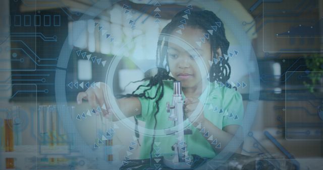 Image of scope scanning over african american girl using microscope. Global science and digital interface concept digitally generated image.