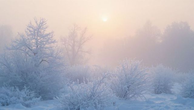 Frosted shrubs and bare trees glowing in pastel sunrise mist over snowy meadow