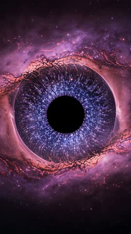 Cosmic eye vortex pulsing through purple nebula with radiant blue filaments | Vertical video