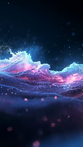 Vertical sci-fi nebula wave rising with magenta core and cyan edges, particle parallax