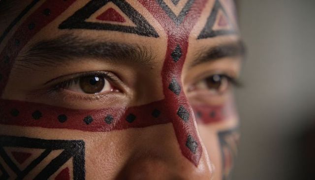 Close-up portrait male face with red and black geometric paint, tribal-inspired makeup