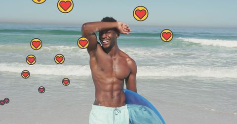 Joyful Surfer on Sunny Beach with Heart Icons Overlay