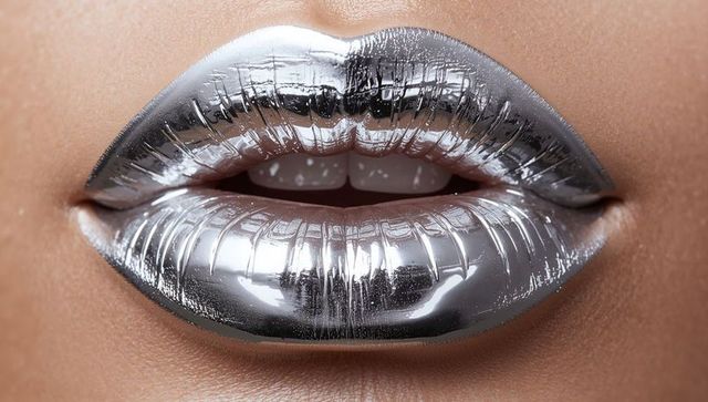 Metallic Silver Lips Reflecting Studio Lights Closeup Glossy Macro Beauty Texture