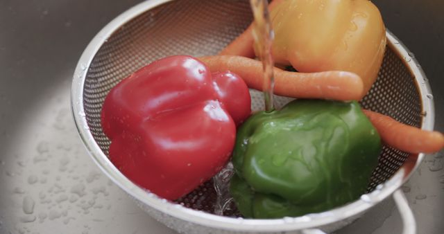 Washing Fresh Bell Peppers and Carrots in Kitchen Sink - Download Free Stock Images Pikwizard.com