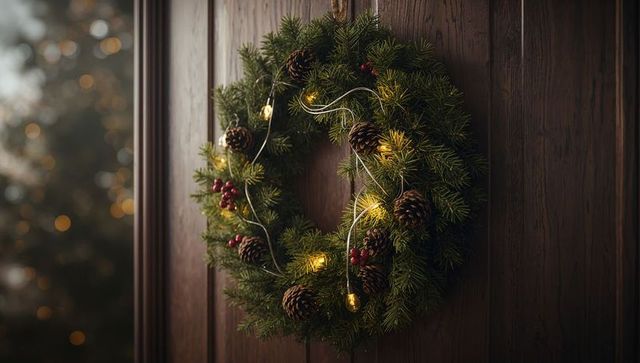 Festive Evergreen Wreath with Lights on Wooden Door