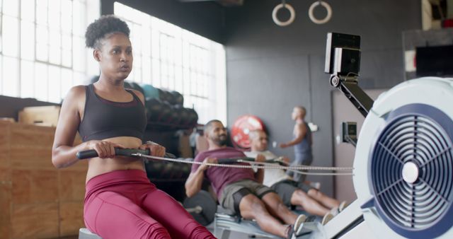 Young Woman Exercising on Rowing Machine at Gym - Download Free Stock Images Pikwizard.com