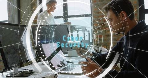 Augmented reality cybersecurity hud showing it professional securing network on laptop