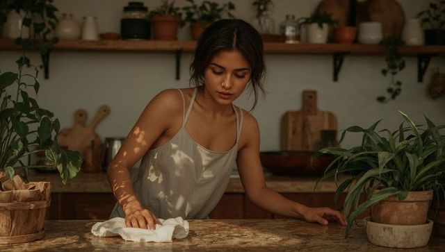 Young woman cleaning rustic kitchen countertop in warm sunlight, wiping wood with cloth