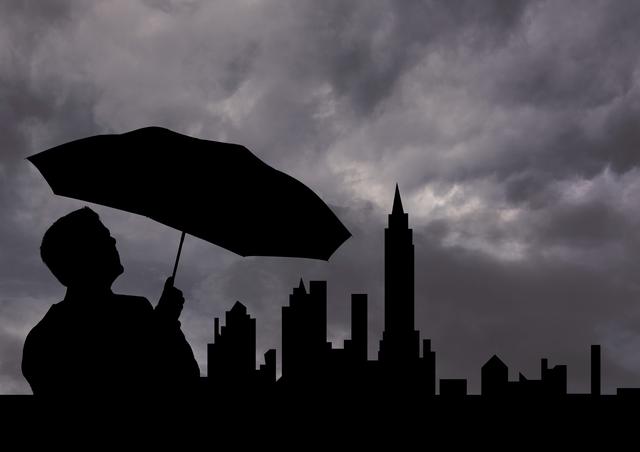 Digital composition of silhouette of man holding an umbrella against cityscape in background