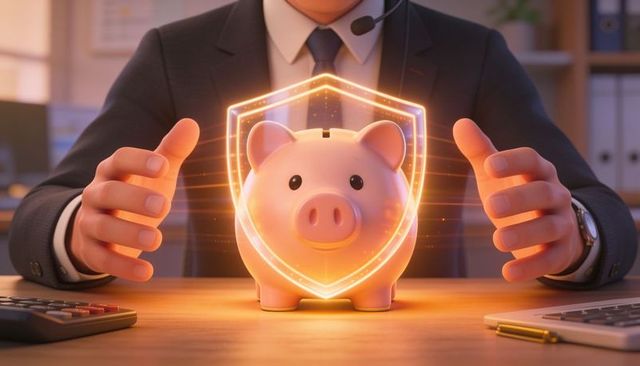 Financial advisor protecting client savings with holographic shield surrounding piggy bank