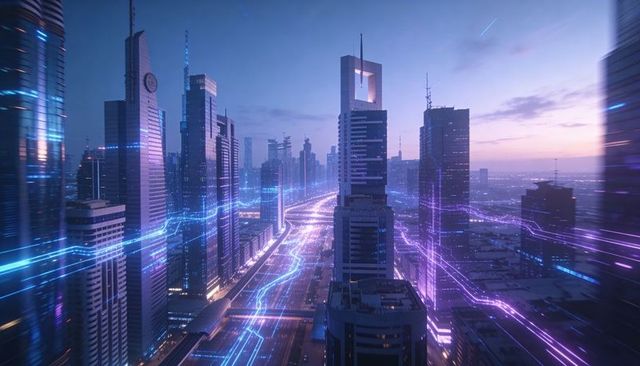 Neon data streams flowing through futuristic skyline at twilight with digital light trails