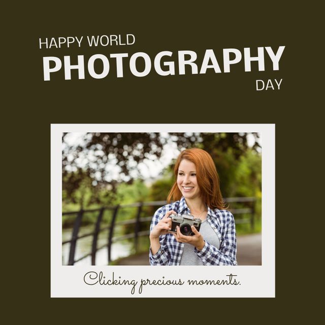 Happy World Photography Day with Woman Holding Camera in Park - Download Free Stock Templates Pikwizard.com