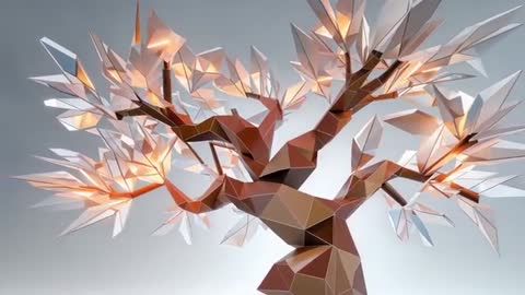 Futuristic Geometric Tree Sculpture Illuminated with Amber Light
