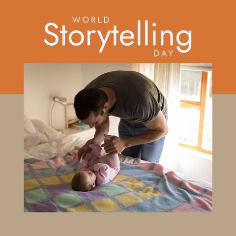 Father joyfully playing with baby on bed during storytelling day