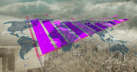 Global Data Processing Over Cityscape with Digital Interface Graphics