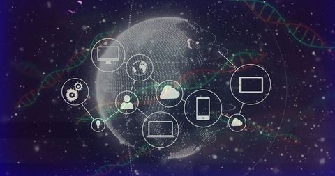 Pulsing wireframe globe connecting devices, cloud and DNA strands for digital network