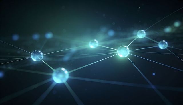 Connecting glowing network nodes with translucent spheres in futuristic digital grid