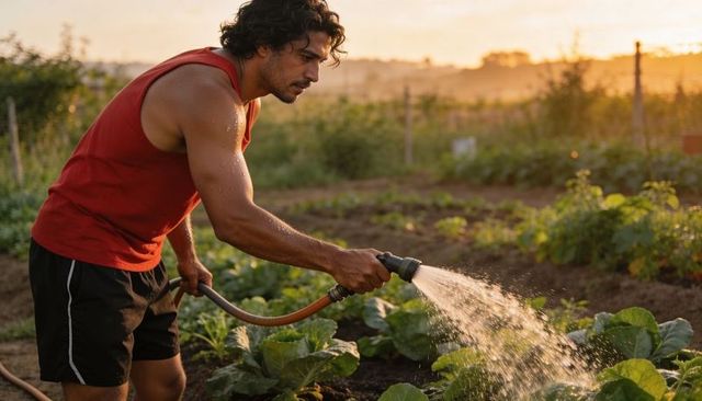 Fit man watering vegetable garden with hose at golden hour, tending lettuce beds and crops