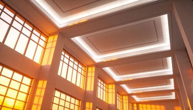 Sunlit modern atrium with coffered ceilings, grid windows and recessed led lighting