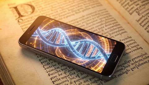 Holographic dna double helix emerging from smartphone on antique manuscript tech fusion concept