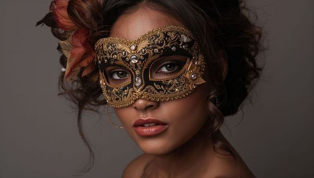 Golden Venetian Masquerade Mask Portrait Featuring Glamorous Woman with Feather Accents