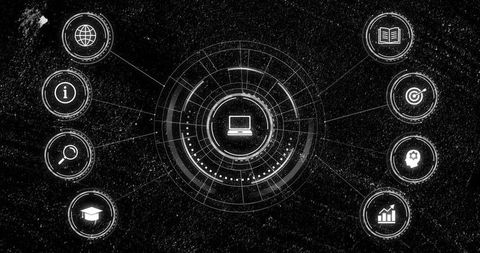 Central ring hud featuring laptop icon and eight connected nodes on chalkboard texture