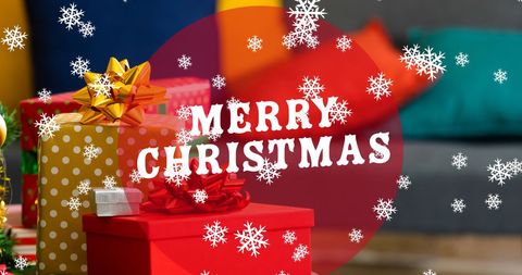 Festive Merry Christmas Greeting with Gifts and Snowflakes
