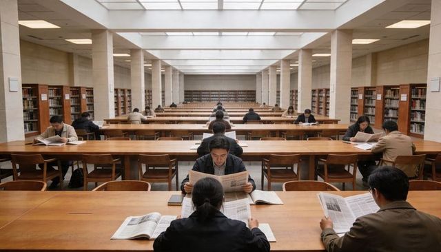 Symmetrical Library Reading Room with Skylights, Long Wooden Tables and Silent Readers