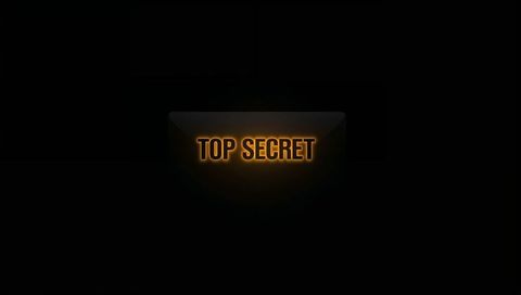 Top secret envelope glowing amber on dark background with dramatic spotlight halo