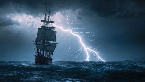 Majestic three-masted ship battling ocean storm under lightning
