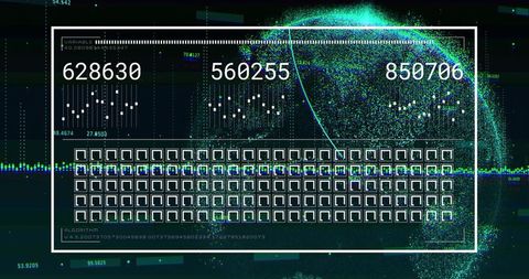 Displaying neon analytics dashboard with particle globe, numeric counters and grid UI
