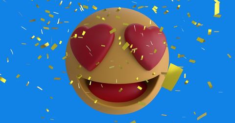 Heart Eyes Emoji With Gold Confetti on Vibrant Blue Background