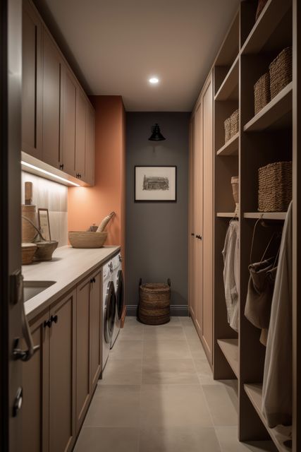 General view of utility room with wooden furniture, created using generative ai technology. Utility room, home decor and interiors concept digitally generated image.