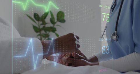 Doctor Comforting Senior Patient with Heart Rate Graphics Overlay