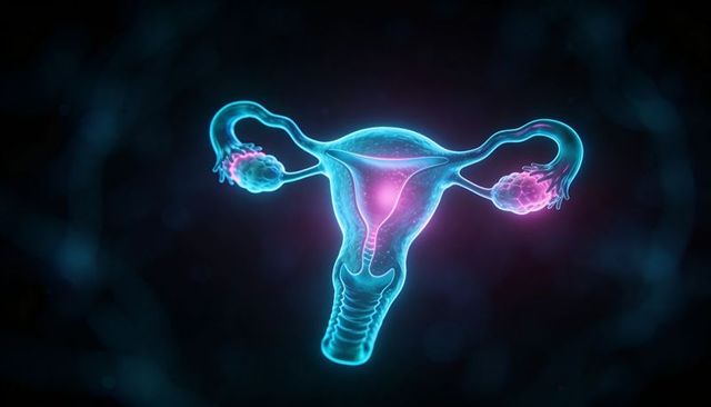 Glowing neon 3d uterus and ovaries medical illustration for reproductive health