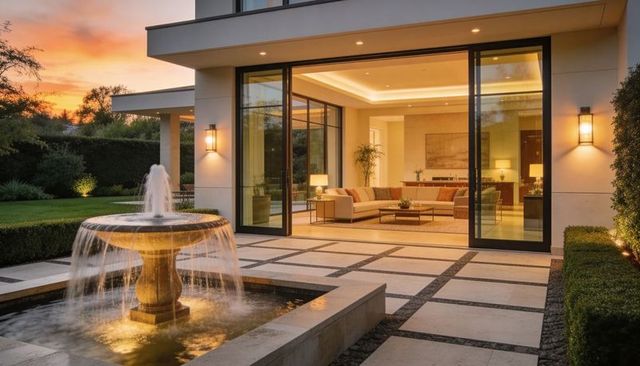 Luxury modern patio with illuminated tiered stone fountain at dusk and open living area