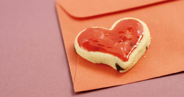 Heart-shaped cookie with red icing placed on an orange envelope. Perfect for Valentine's Day promotions, romantic occasions, baking blogs, and confectionery advertisements.