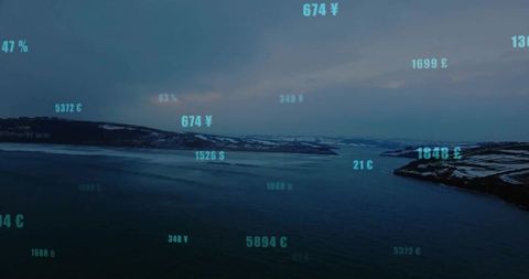 Serene fjord waters with digital currency overlay at dawn