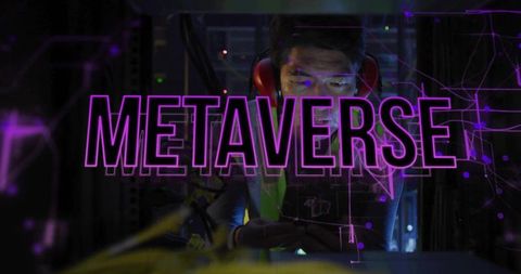 Korean Engineer in Server Room with Metaverse Overlay