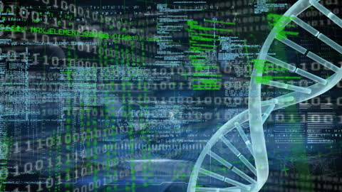 DNA Strand with Data Processing Overlay Symbolizing Biotechnology