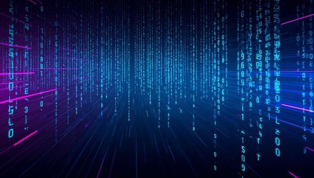 Streaming Neon Data Tunnel with Falling Binary and Magenta Cyan Motion Streaks