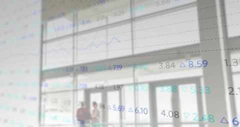 Colleagues chatting in modern office lobby with financial data overlay and metrics