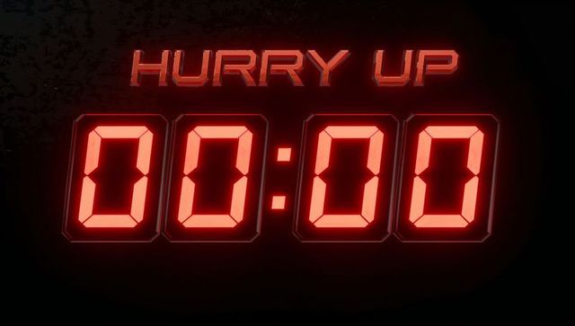 Glowing red digital countdown showing 00:00 with hurry up neon alert for urgency and deadline