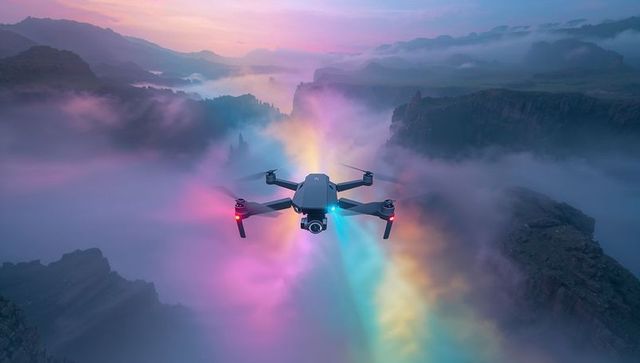 Quadcopter flying over fog-filled canyon leaving rainbow led mist at sunrise