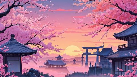 Peaceful anime zen setting with cherry blossoms and ancient architecture