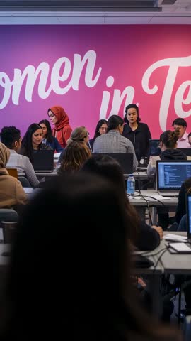 Woman in Red Headscarf Seeking Laptop Help During Women in Tech Workshop Coding Collaboration