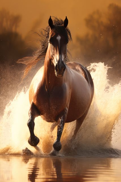 Brown horse running in water, created using generative ai technology. Nature, horse, animal and wildlife concept digitally generated image.
