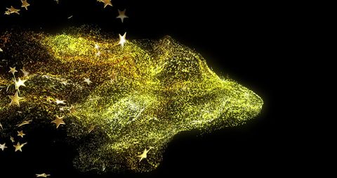 Glowing Gold Particle Stream with Stars on Black Background
