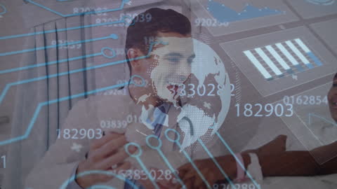 Doctor Interacting with Child Overlayed with Digital Data Graphics