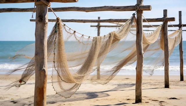 Fishing nets drying and swaying on weathered wooden racks at sunlit sandy beach